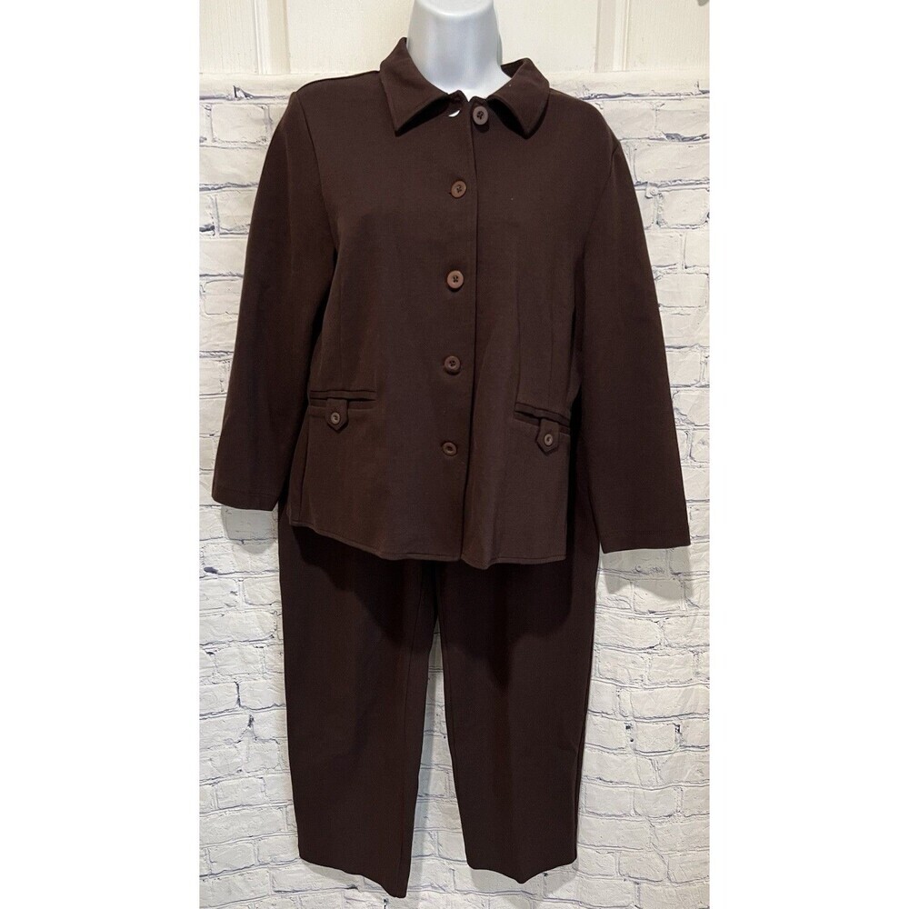 Talbots Pant Suit Brown Button Front Long Sleeve Jacket And Pants Size Medium